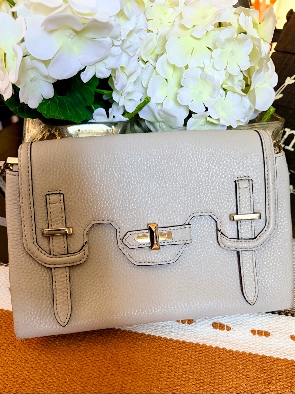 Rebecca Minkoff Pebbled Leather Crossbody in Light Taupe with Gold Hardware